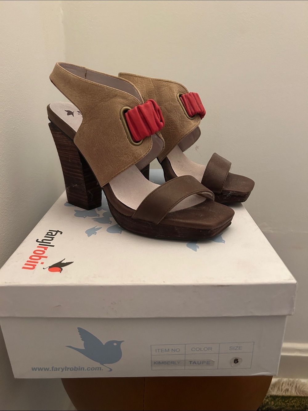 Farylrobin Taupe and Brown Slingback Heels with Red Accent